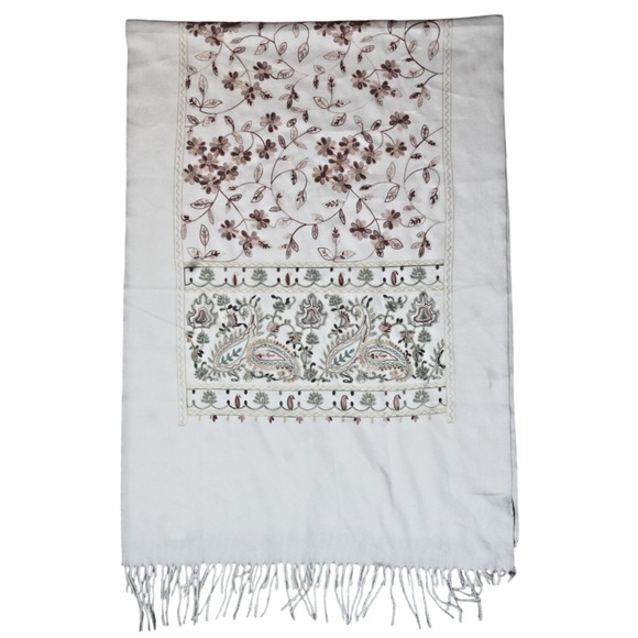 La Seine White Pashmina Shawl Wrap Gold Green Embroidery Fringe 78"x28" Holiday - Picture 6 of 14